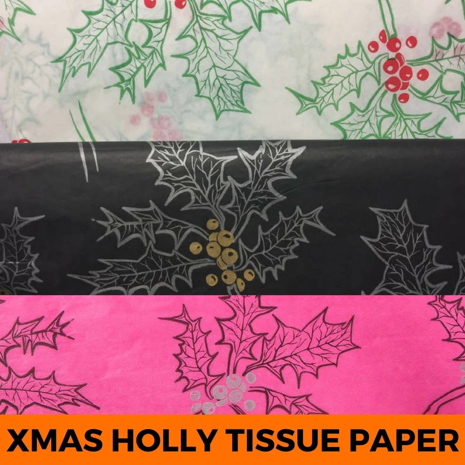 Christmas Holly Acid Free Tissue Paper Plain Patterned Xmas Gift Wrapping Sheets - Image 1 of 1