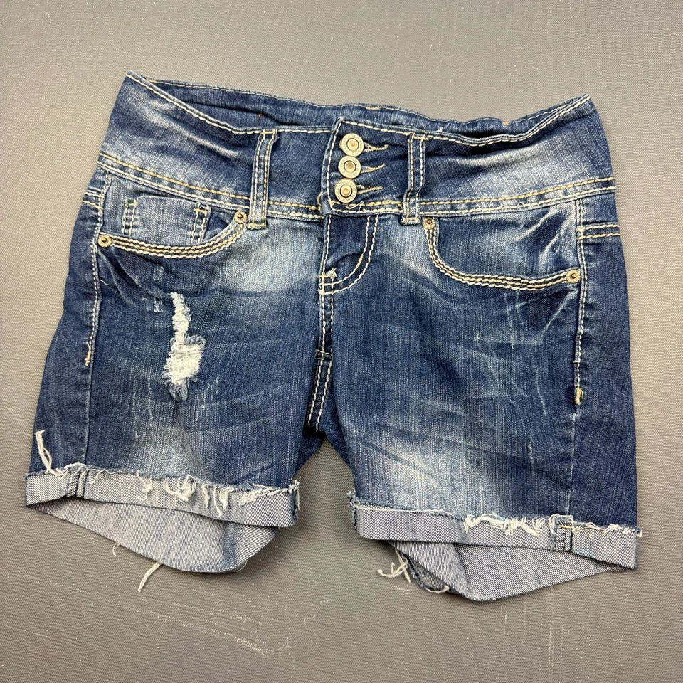 Pantalones cortos de mezclilla Rue21 para mujer talla 0 azul desgastado deshilachado corte elástico Jean Foto 1 de 4