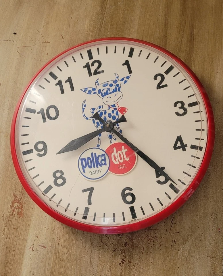 HTF. Vintage Polka Dot Dairy Inc Milk Clock with Rotating Logo Needs Battery - Image 1 of 4