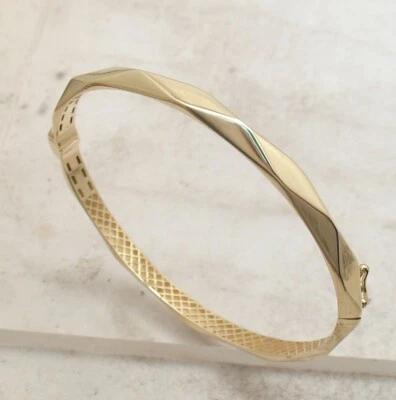 Medium Size Diamond Cut Faceted Hinged Bangle Bracelet Real 14K Yellow Gold - Image 1 of 4