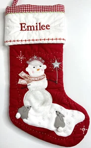 POTTERY BARN KIDS GIRL SNOWMAN RED CHRISTMAS STOCKING *EMILEE* NEW FAIRY SNOW - Picture 1 of 2