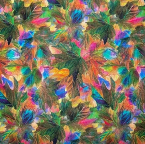 Por 1/2 Yarda Mystic Leaves PRECIOSA Púrpura Naranja Azul Hoja 100% Algodón Tela - Imagen 1 de 3