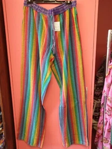 BNWT sz L casual heavy cotton RAINBOW stripe pants hippy festival - Foto 1 di 3