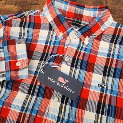 NEW Vineyard Vines Boys Flannel Twill Shirt Red White Blue Plaid Size Large - Image 1 of 4