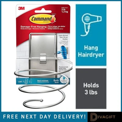 COMMAND 3M HAIR DRYER HOLDER SATIN NICKEL WALL RACK BATHROOM WALL MOUNTED NEW - Image 1 of 4