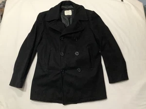 VINTAGE US Navy Pea Coat Mens 40R Black Wool Anchor Buttons Double Breasted 80s - Picture 1 of 16