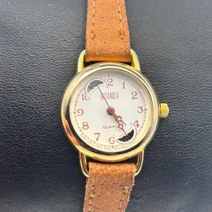 Gitano Gold Tone Moon Phase Brown Leather Women’s Watch Working New Battery - Picture 1 of 8