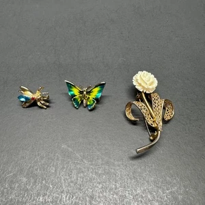 Vintage Brosche Schmetterling Blumen Käfer 3 Stück Blumen zierlich klein mittelgroß - Bild 1 von 8