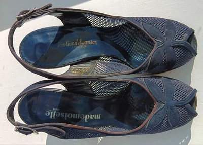 6.5 Hovland Swanson Mademoiselle 1940s Black Suede Mesh Peep Toe Heels Pinup Vtg - Image 1 of 4