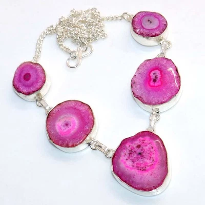 Collar de cuarzo solar rosa chapado en plata 925 19" joyería hecha a mano JW Foto 1 de 3