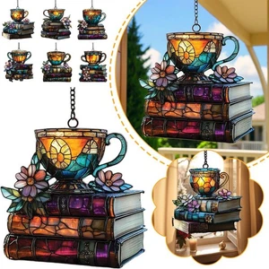 Tea and Books Acrylic Suncatcher, Faux Stained Glass Window Decor Hanging V3S9 - Picture 1 of 25