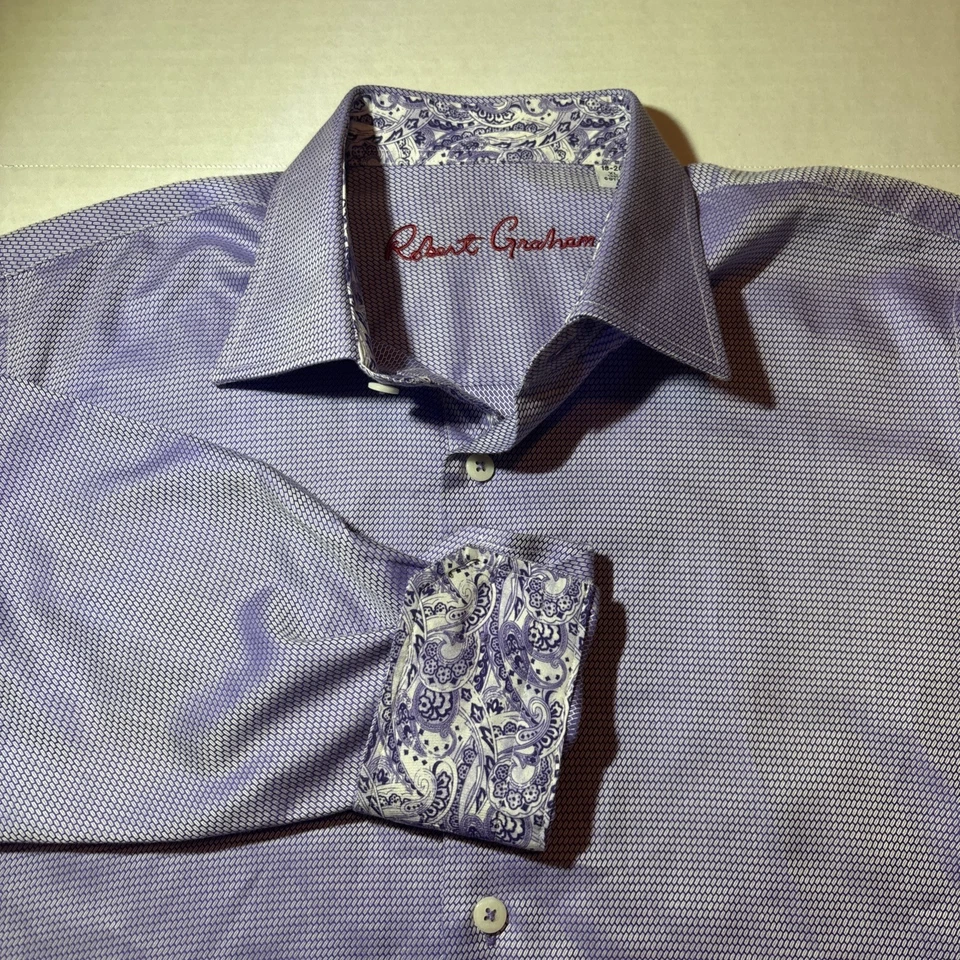 Camisa Robert Graham Para Hombres Grande XL Púrpura Manga Larga Puño Francés Vestido de Diseñador Foto 1 de 4