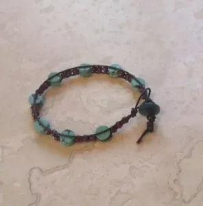 Turquoise Bracelet Genuine Turquoise and Real Garnet Stone on Leather Cord - Picture 1 of 7