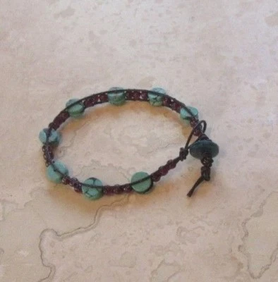 Turquoise Bracelet Genuine Turquoise and Real Garnet Stone on Leather Cord - Image 1 of 4