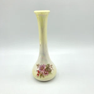 Vtg Ceramic Floral Yellow Iridescent Pearl Luster Bud Vase Flowers Berries 6.25" - Picture 1 of 12
