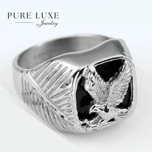 NEW Men's Stainless Steel Black Eagle Onyx Ring Size 8 9 10 11 12 13 + Box  - Picture 1 of 4