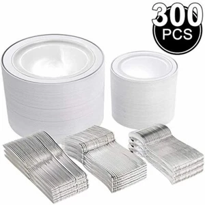 300 Pieces Silver Plastic Plates with Disposable Silverware, Fancy Tableware Set - Picture 1 of 5