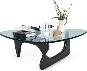 Classic Noguchi Style 0.8in Glass Coffee Table Triangle Solid Hard Wood Base - Picture 1 of 66