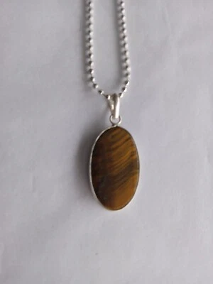 Collar colgante de plata ojo de tigre artesanal en cadena de cuentas de bola Foto 1 de 4