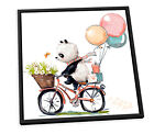 Cute Panda Bike Balloons White CANVAS FLOATER FRAME Wall Art Square Print