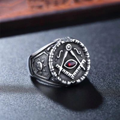 Anéis maçônicos masculinos vintage de aço inoxidável maçom rubi motociclista punk - Imagem 1 de 4