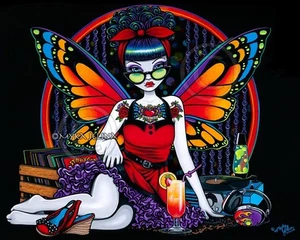 Fairy Wall Art Signed Print Retro Fae Rockabilly Musical Faerie Rainbow Tattoo - Bild 1 von 6