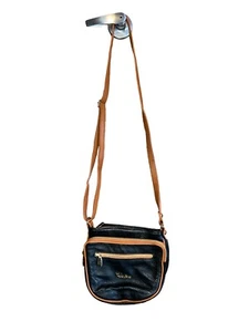 Valentina, Italy, leather brown, black, small Crossbody purse 4 Zipper Sections - Picture 1 of 11