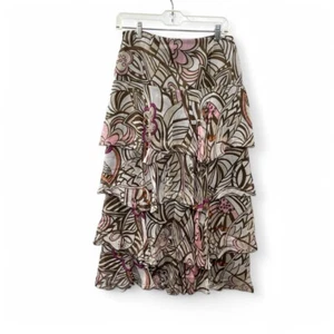 Vintage 90s Boho Floral Tiered Ruffle Midi Skirt 4 Earthy Print Artwear Festival - Picture 1 of 7
