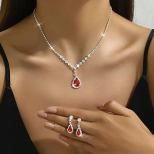 Red Rhinestone Crystal Necklace Earrings Jewelry Set Wedding Pageant - Picture 1 of 9