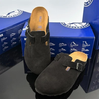 Birkenstock Boston Para hombres/Mujeres Plantilla Suave Negro Gamuza Cuero Zuecos Zapatos Foto 1 de 4