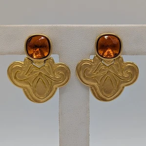 Mary McFadden Etruscan Revival Rhinestone Gold Tone Dangle Clip On Earrings - Picture 1 of 13