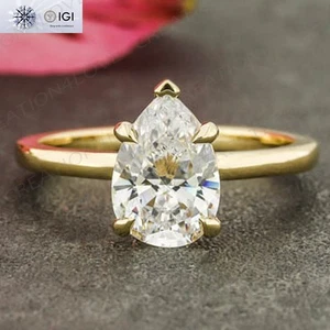 2CT Pear Lab Grown Diamond Solitaire Uniqe Anniversary Ring In 14K Yellow Gold - Picture 1 of 12
