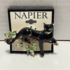 Napier Gold Tone Black Cougar Pin Brooch Panther Cat On Tree Branch Into Summer - Picture 1 of 4