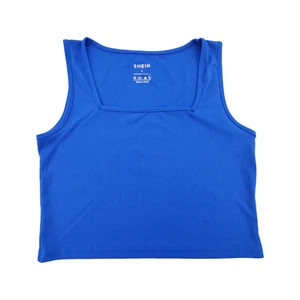 Shein Rippstrick Crop Tank Top Damen L blau eckiger Ausschnitt ärmellos auffälliges Shirt - Bild 1 von 21