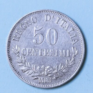 VITTORIO EMANUELE II 50 CENTS 1867 MILAN VALUE qSPL SILVER SILVER COIN - Picture 1 of 2