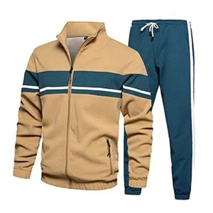  Men's Sweat Suit 2 Piece Outfit Casual Contrast Sports Jogging Large Khaki - Picture 1 of 7