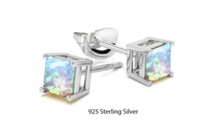 925 Sterling Silver 6mm Princess Cut Square White Opal Stud Earrings For Women  - Picture 1 of 3