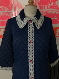 BRENDFORDS VTG DRESSING GOWN BLUE QUILTED LACE TRIMS A-LINE PINK LINING 8 - 10 - Picture 1 of 18
