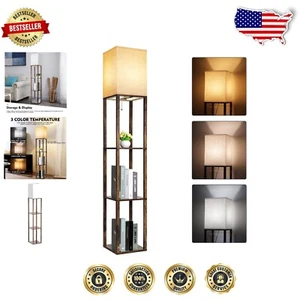 Functional LED Floor Lamp with Rustic Brown Shelves - 3 Color Settings Included - Picture 1 of 10
