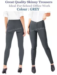 Girls Grey Skinny School Trousers Stretch Women Slim Fit Office Work Day Trouser - Picture 1 of 6