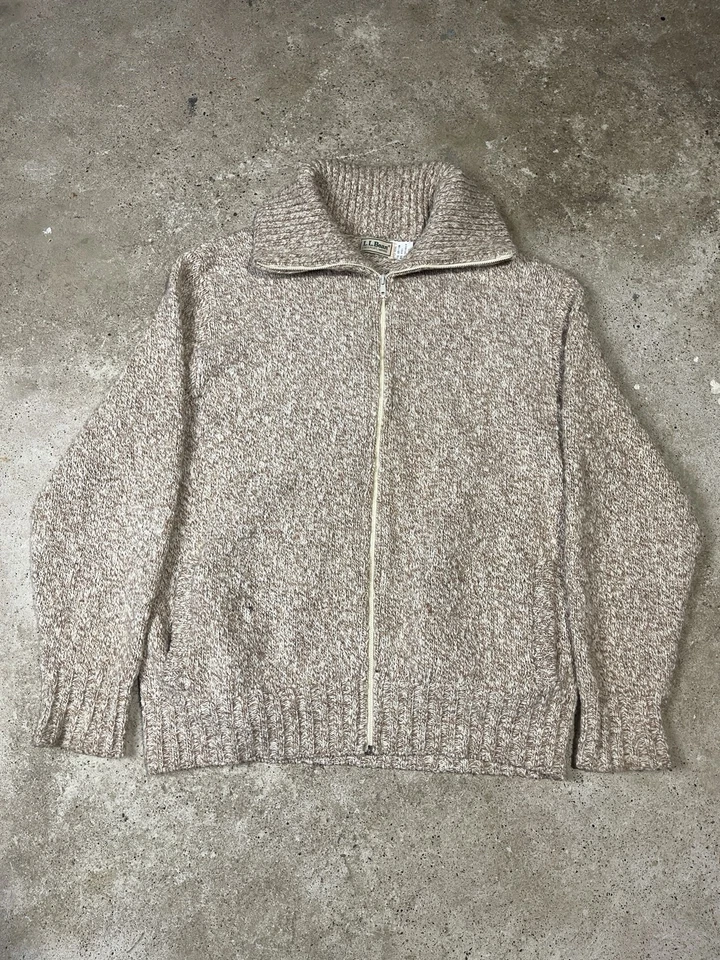 Vintage LL Bean Sweater 70s 80s Knit Full Zip Brown Tan cardigan wool USA Large - Image 1 of 4