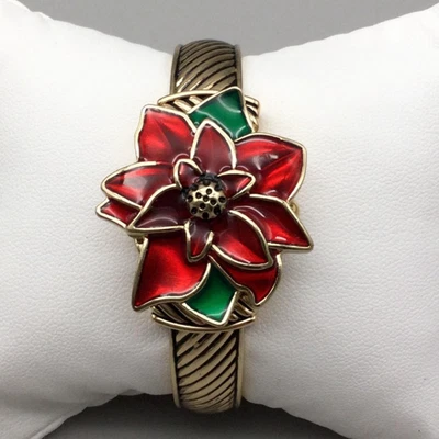 Reloj Pulsera Navidad Poinsettia Mujer Tono Dorado Rojo Verde Esmalte Batería Nueva Foto 1 de 4