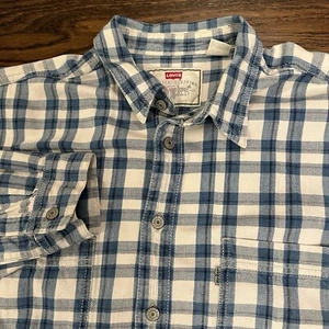 VINTAGE Levis Shirt Mens Large Blue White Plaid Denim Metal Button Up Pockets - Picture 1 of 6