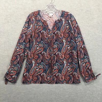 WinterSilks большой крестьянин блузка пейсли красный синий длинным рукавом V шеи 100% шелк - Изображение 1 из 4