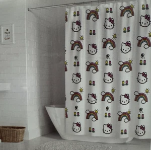 Sanrio Hello Kitty with Rainbow & Tulip 100% Cotton Shower Curtain 72" x 72" NIP - Picture 1 of 11