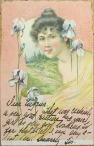 Cartolina postale privata Art Nouveau 1904, donna fiore di iris, litografia a colori - Foto 1 di 1