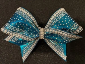 7.0" Cheer Hair Bow Teal Blue & White Rhinestone Ponytail Elastic HIGH QUALITY - Picture 1 of 3