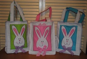 Personalized Felt Appliqued Bunny Gift Bags; available in pink, green or blue - Picture 1 of 2