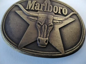 Vintage 1987 Marlboro Belt Buckle Solid Brass Philip Morris Texas Longhorn Steer - Picture 1 of 5