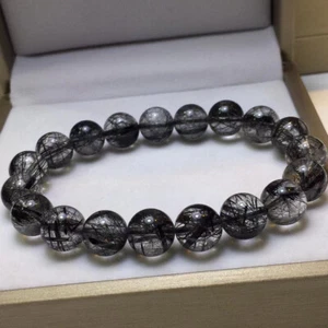 10.5mm Natural bar Black Hair Rutilated Crystal Round Beads Sphere Bracelet - Picture 1 of 6